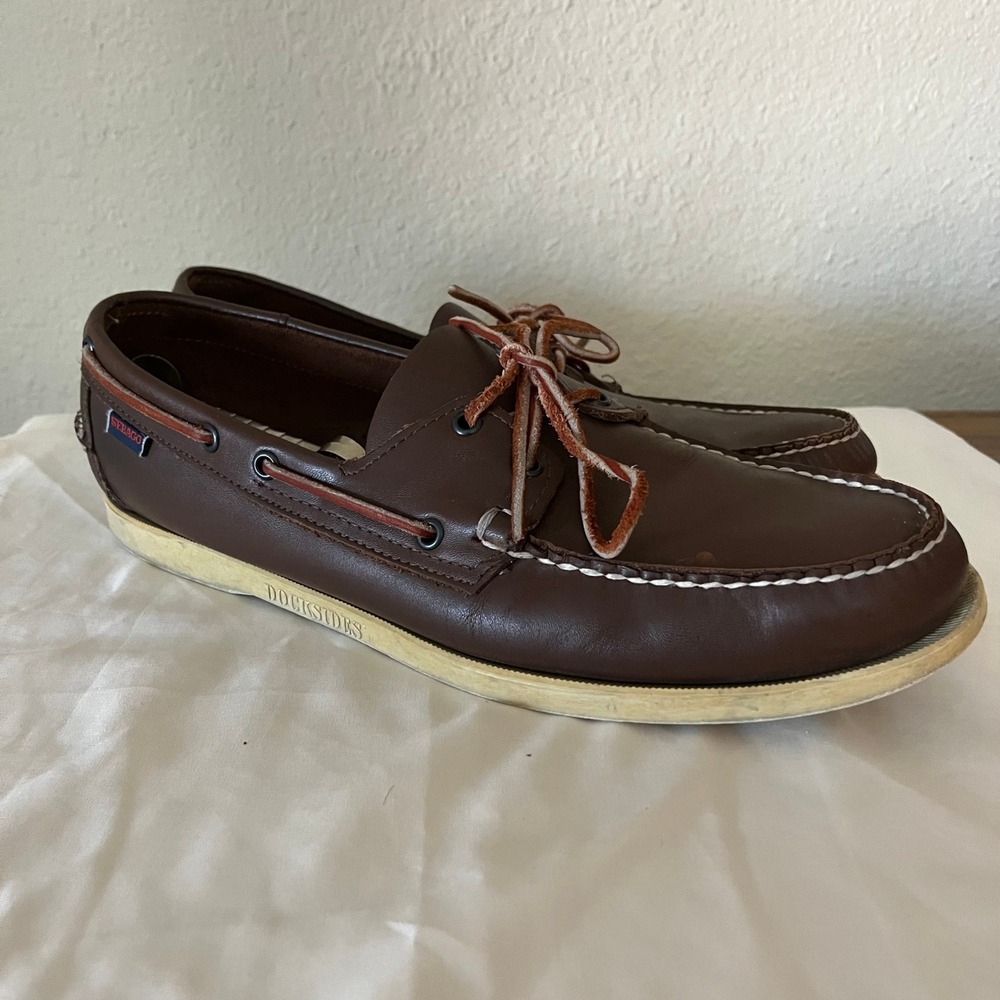 Sebago Docksides Boat Shoes Mens Brown Leather Lace Up Classic Loafers Size 14